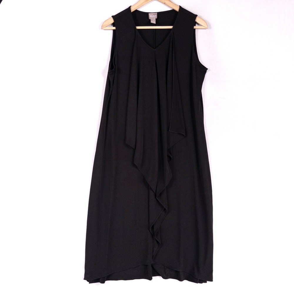 Chico's Midi Dress Womens 1 Black Stretch Knit Ruffle Front Travel Casual Resort - Picture 2 of 10